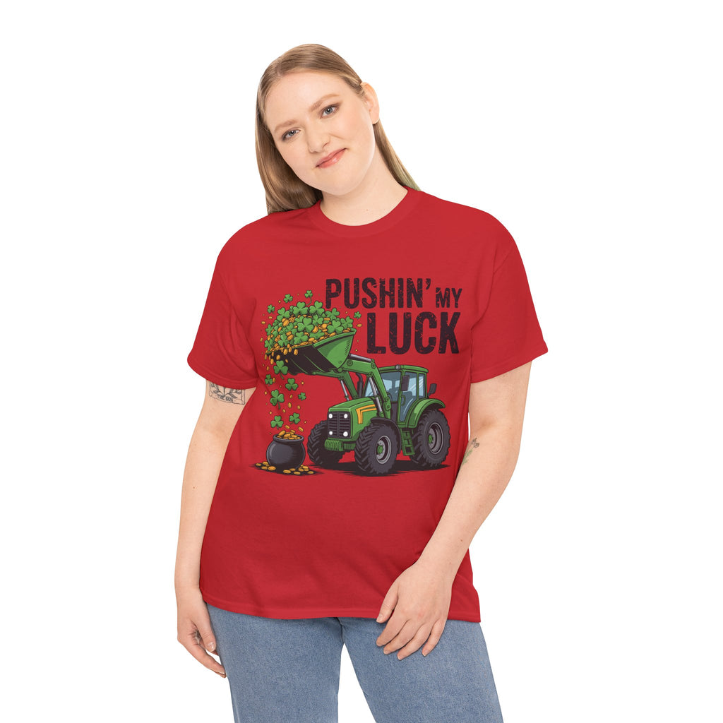 Pushin' My Luck Shamrock Tractor Tee — St. Patrick's Day Unisex Cotton T-Shirt