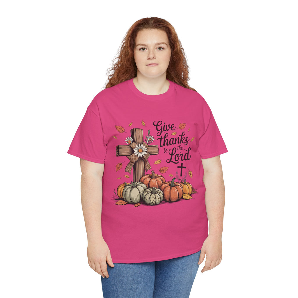 Give Thanks to the Lord Autumn Tee — Wooden Cross, Pumpkins & Daisies..Unisex Cotton Tee