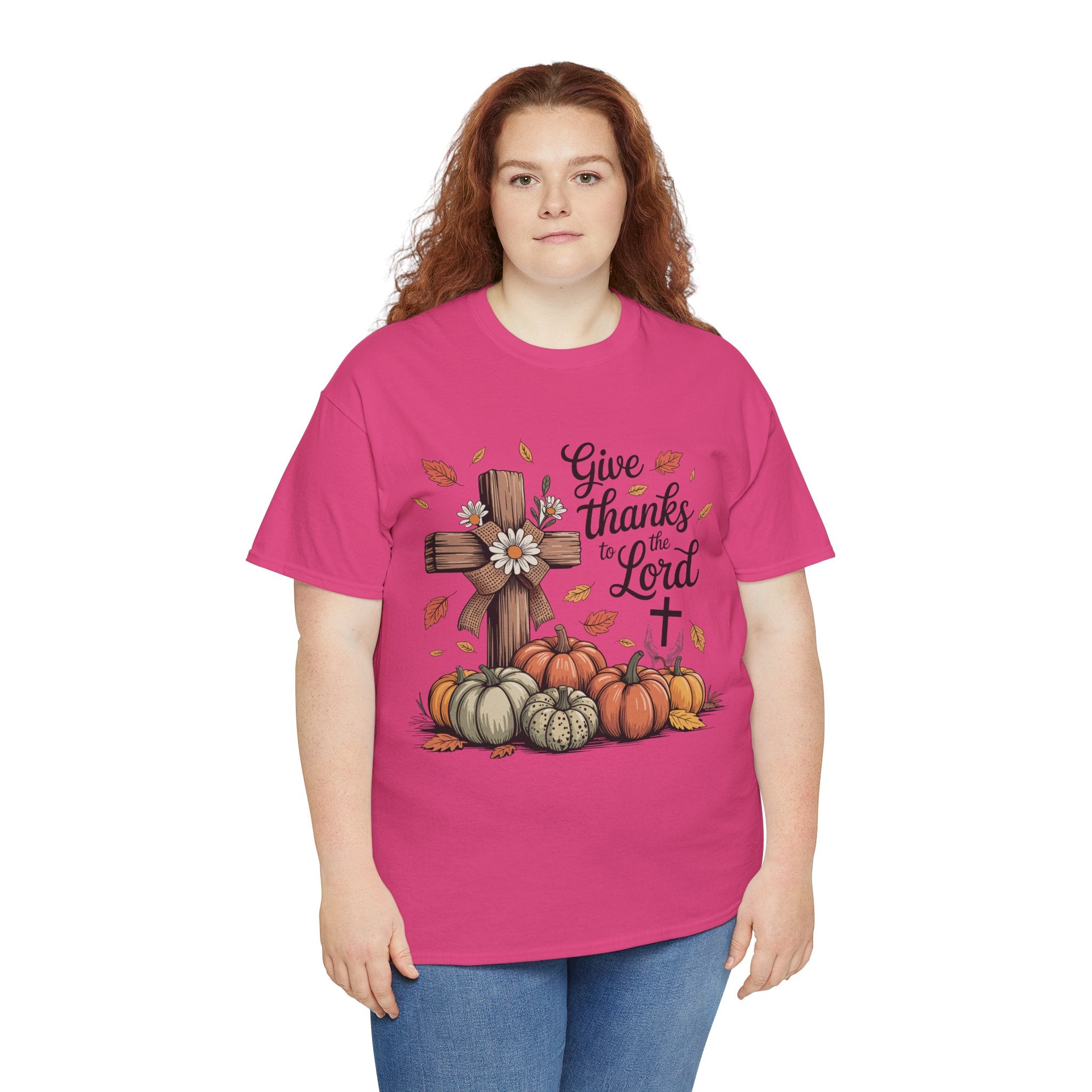 Give Thanks to the Lord Autumn Tee — Wooden Cross, Pumpkins & Daisies..Unisex Cotton Tee