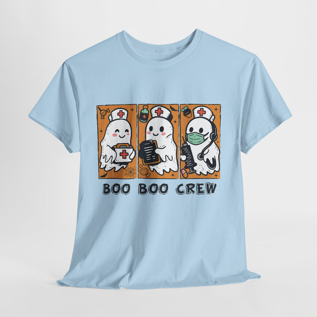 Halloween Nurse T-Shirt — Ghost Nurses Holding Medical Tools on Orange Unisec Cotton Tee