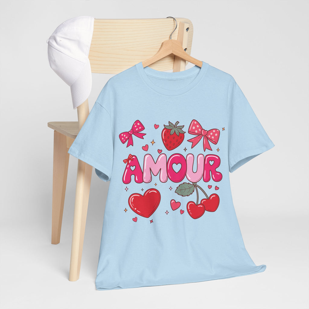 Amour Pink Hearts Tee — Shiny Lettering with Bows, Cherries & Strawberry Accent...Unisex Cotton Tee