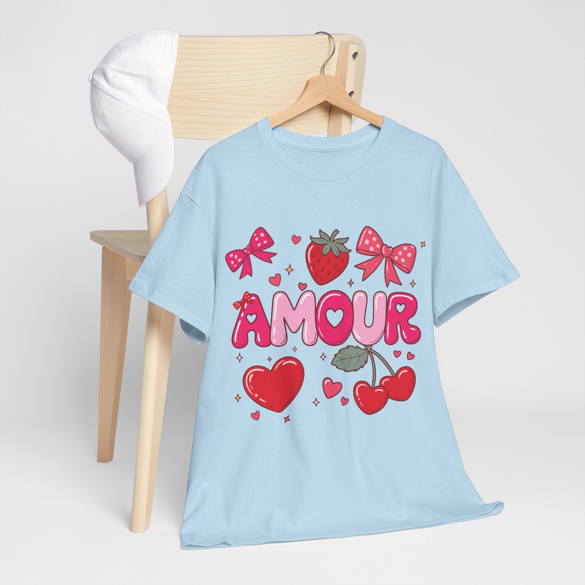Amour Pink Hearts Tee — Shiny Lettering with Bows, Cherries & Strawberry Accent...Unisex Cotton Tee