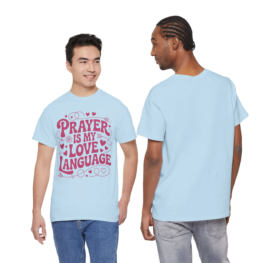 Prayer Is My Love Language Christian Tee — Pastel Pink Hearts Unisex Cotton Tee