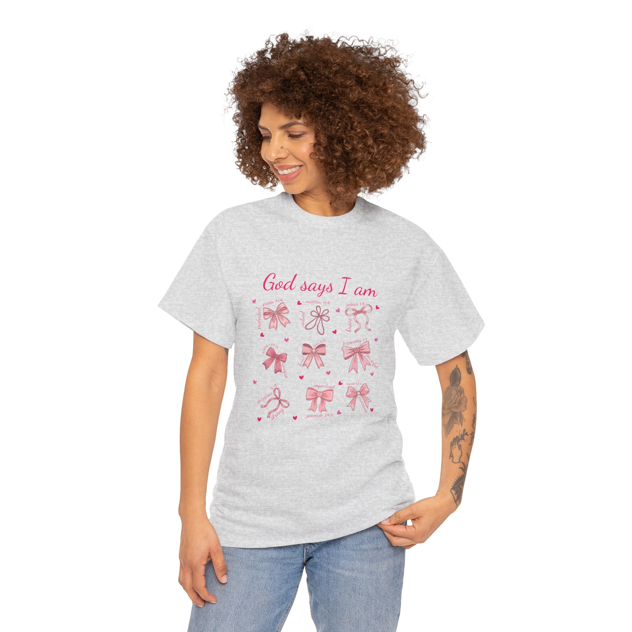 God Says I Am Christian Tee — Pink Affirmation T-Shirt with Bible Verse Bows.Unisex Cotton Tee
