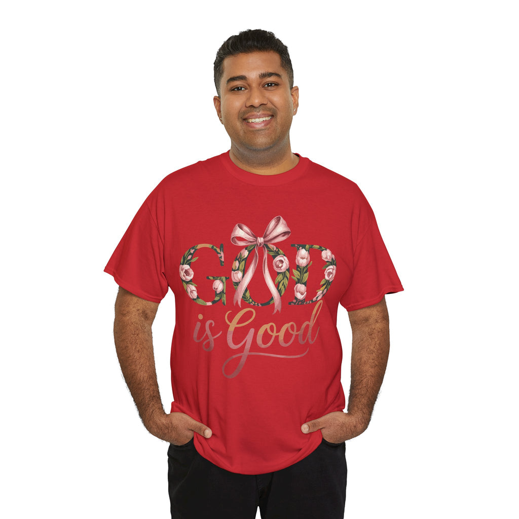 God Is Good Pink Rose Tee — Floral Ribbon Faith Unisex Cotton T-Shirt
