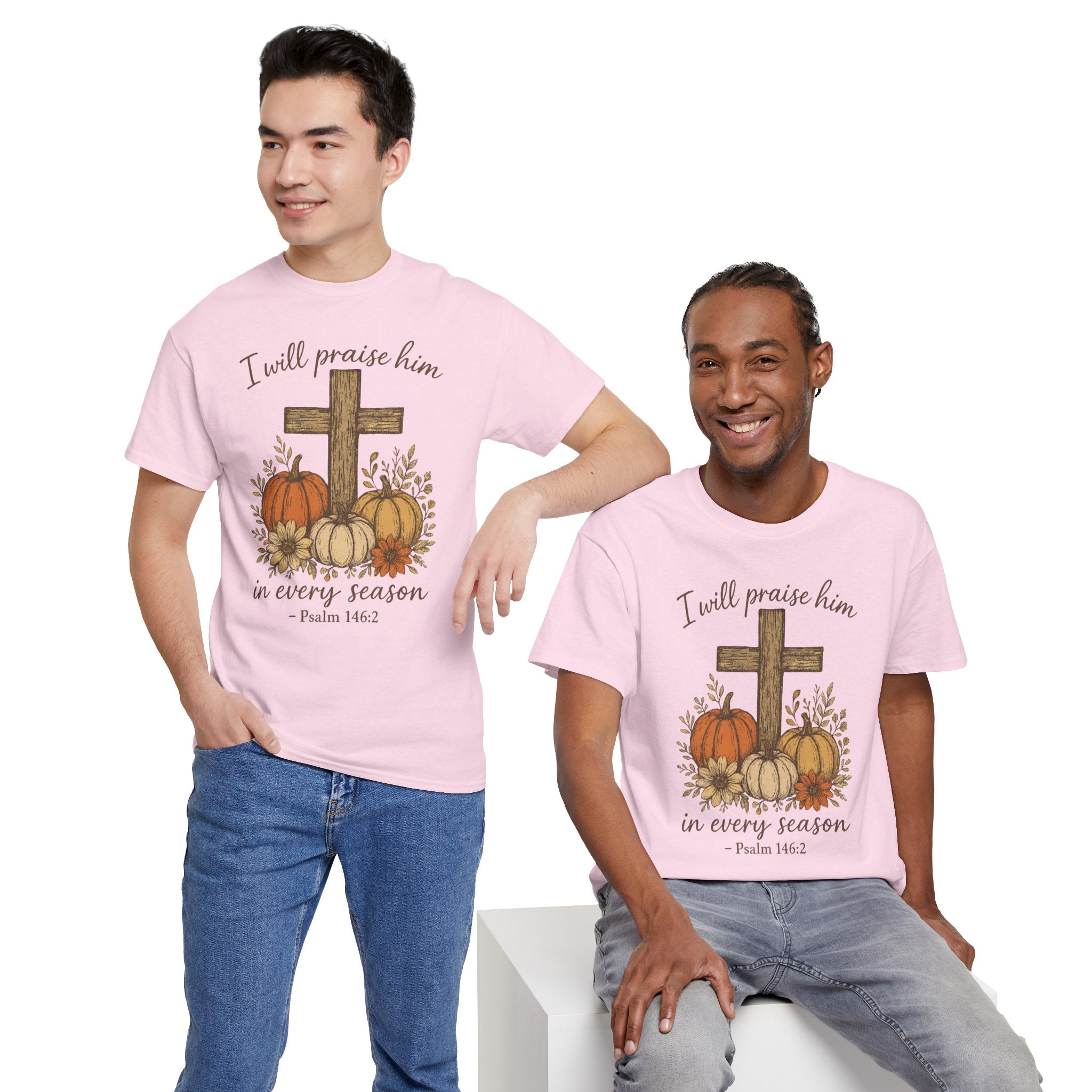 Psalm 146:2 Pumpkin Cross T-Shirt — I Will Praise Him in Every Season. Unisex Cotton Tee