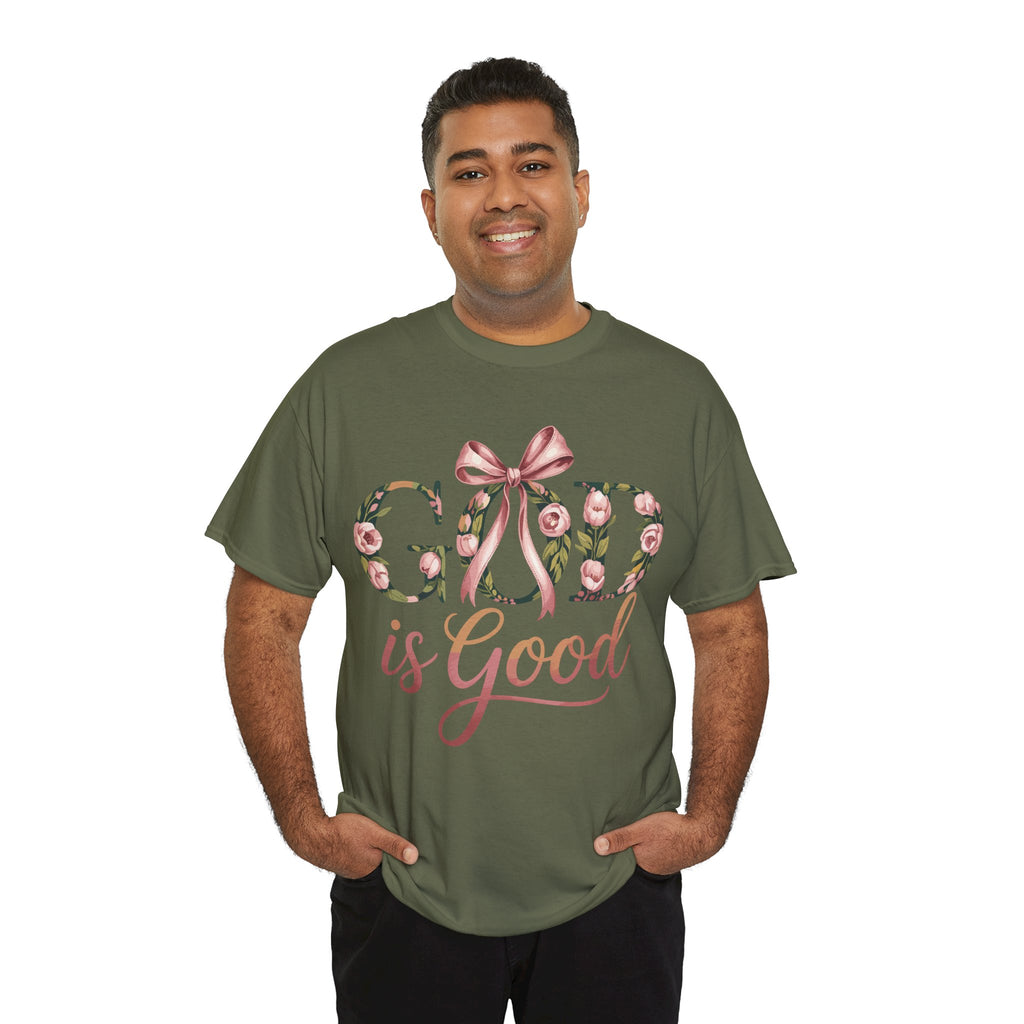 God Is Good Pink Rose Tee — Floral Ribbon Faith Unisex Cotton T-Shirt