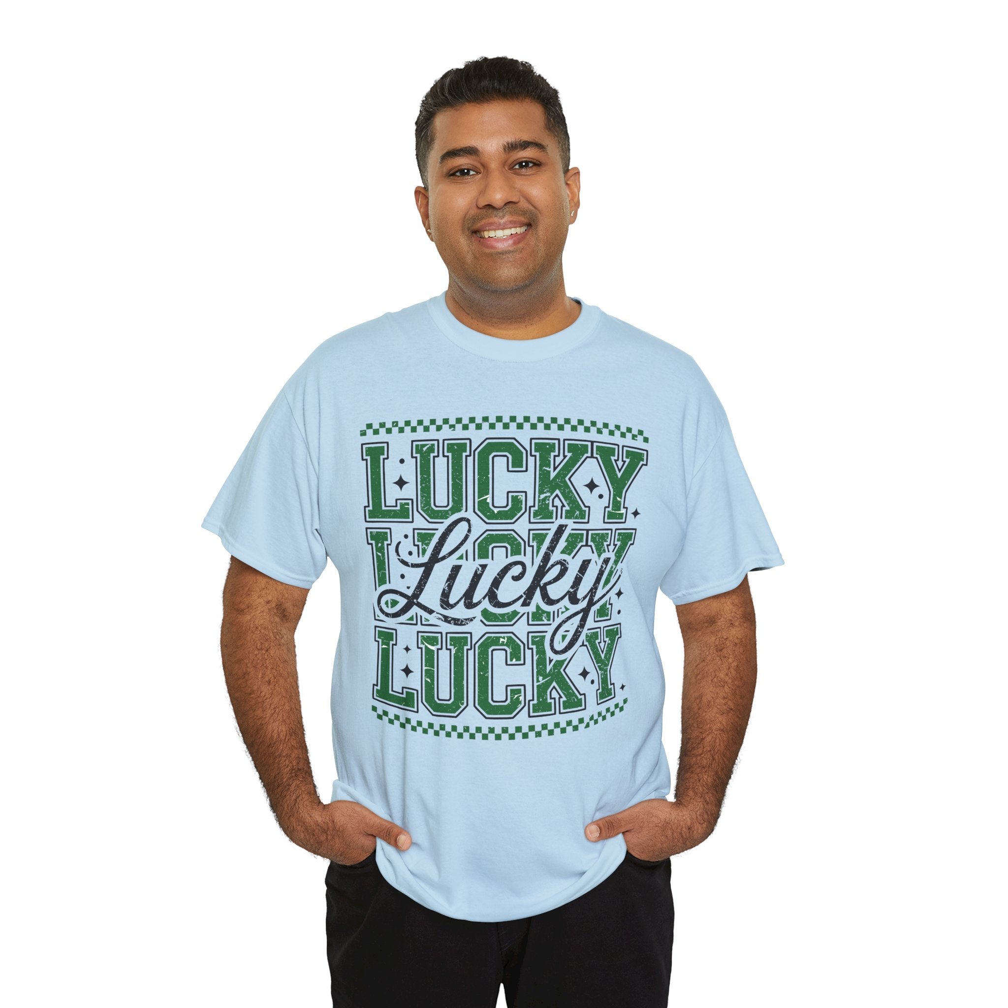 Lucky Varsity Tee — Layered Green ‘Lucky’ Graphic Unisex Cotton Tee
