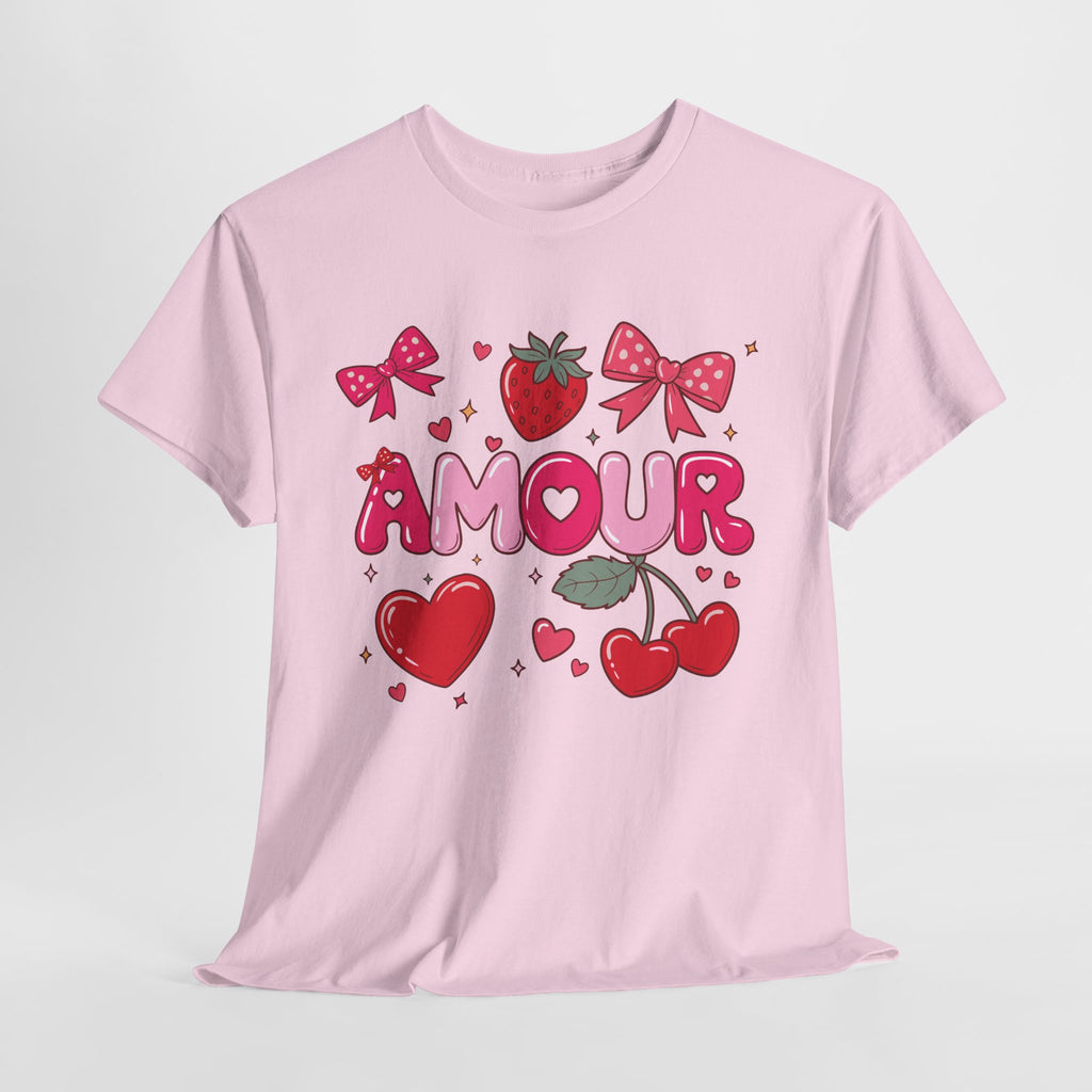 Amour Pink Hearts Tee — Shiny Lettering with Bows, Cherries & Strawberry Accent...Unisex Cotton Tee
