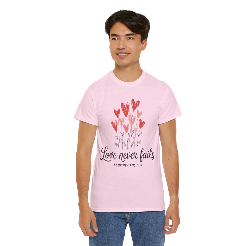 Christian Valentine T-Shirt — "Love Never Fails" (1 Corinthians 13:8) Unisex Cotton Tee