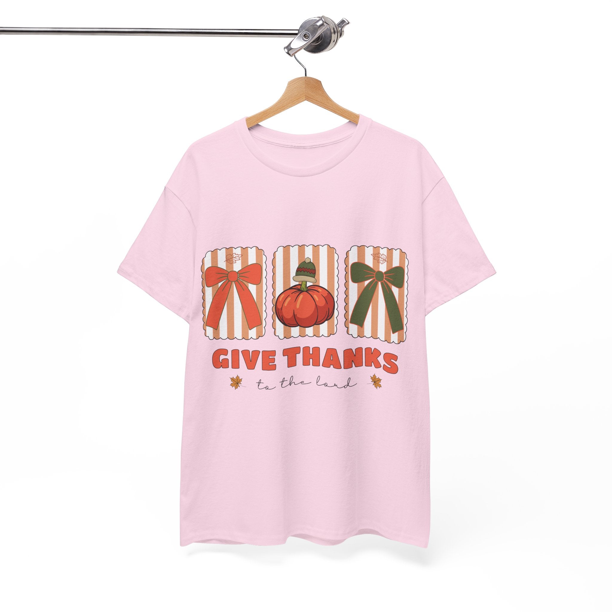 Give Thanks Thanksgiving T-Shirt — Pumpkin with Hat & Bows Unisex Cotton Tee