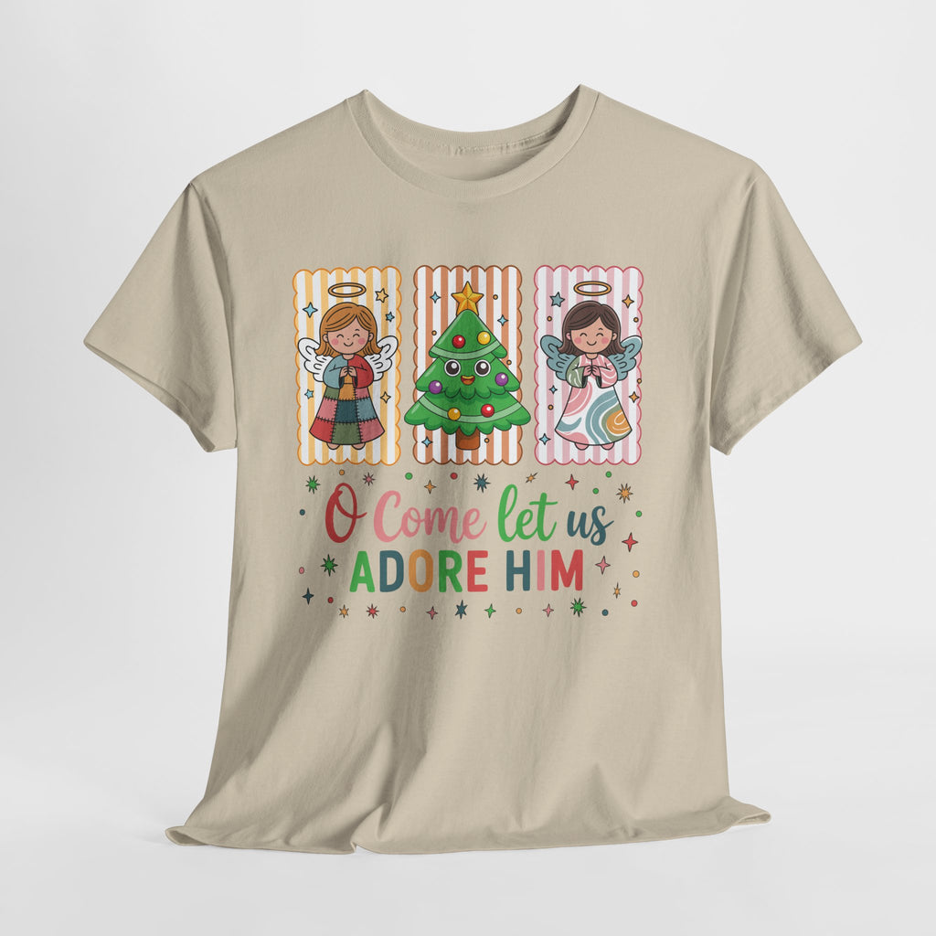 O Come Let Us Adore Him Christmas Tee — Smiling Angels & Happy Tree..Unisex Cotton Tee