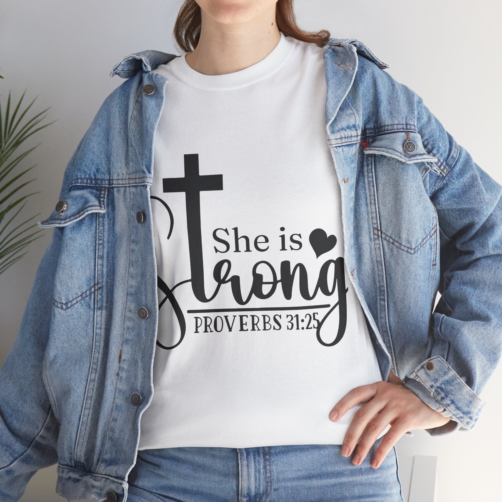 Proverbs 31:25 'She is Strong' T-Shirt – Christian Cross & Heart Unisex Cotton Tee