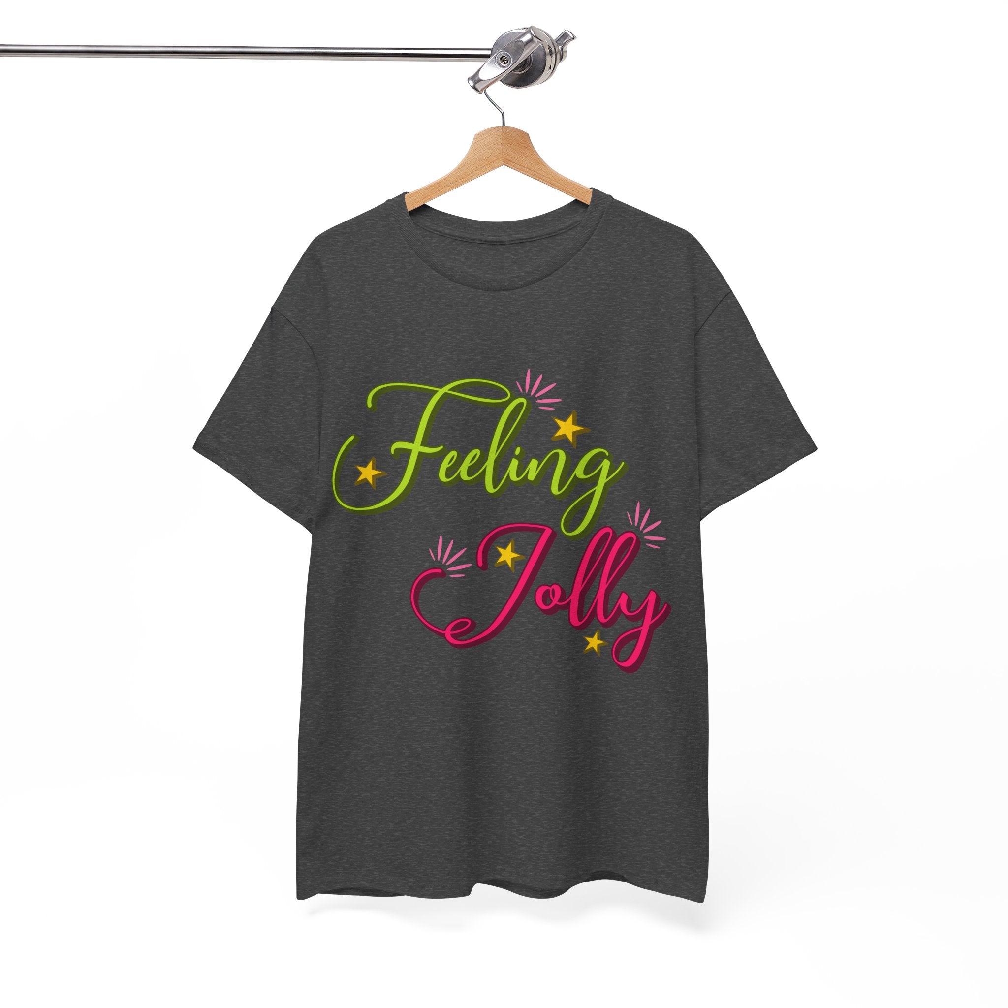 Feeling Jolly Tee — Festive Green & Pink Script with Yellow Stars Unisex Cotton Tee