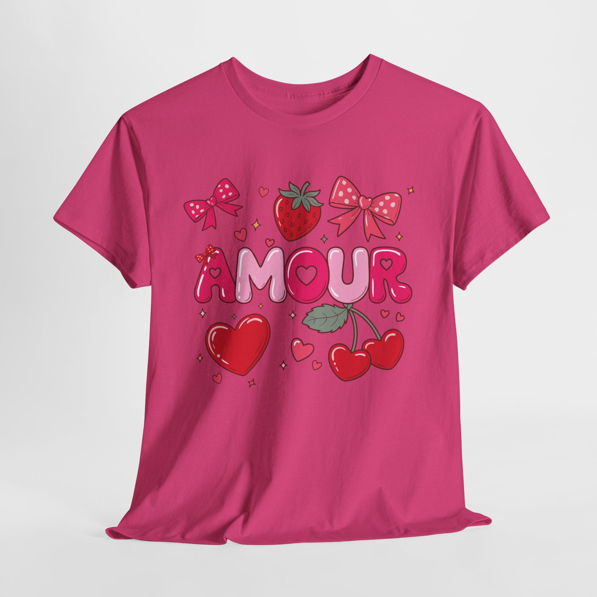Amour Pink Hearts Tee — Shiny Lettering with Bows, Cherries & Strawberry Accent...Unisex Cotton Tee