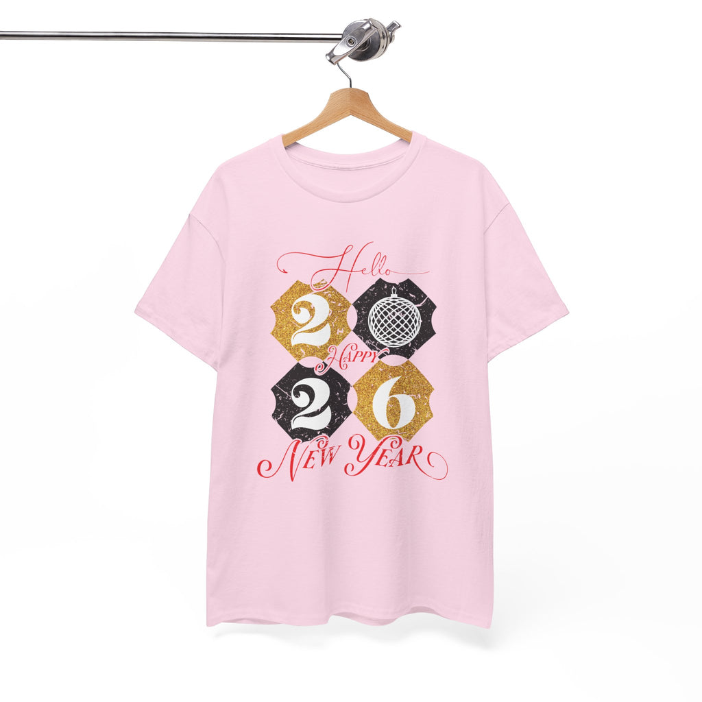 2026 Happy New Year Pink Varsity Tee — Fireworks Party Graphic.Unisex Cotton Tee