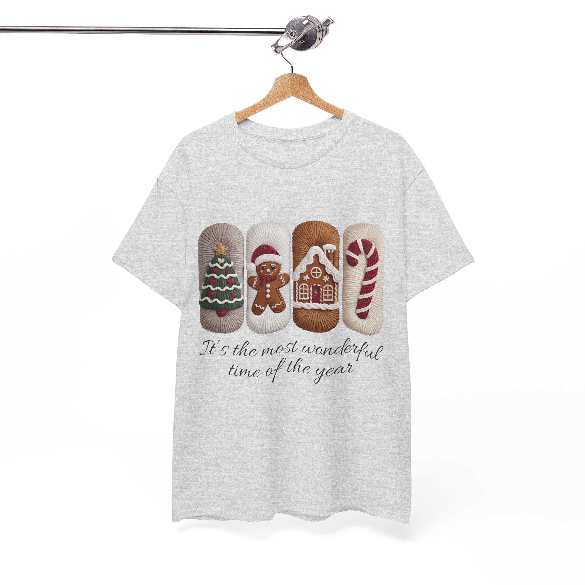 Christmas Faux-Yarn Tree Tee — Gingerbread House & Candy Cane Holiday Unisex Cotton T-Shirt