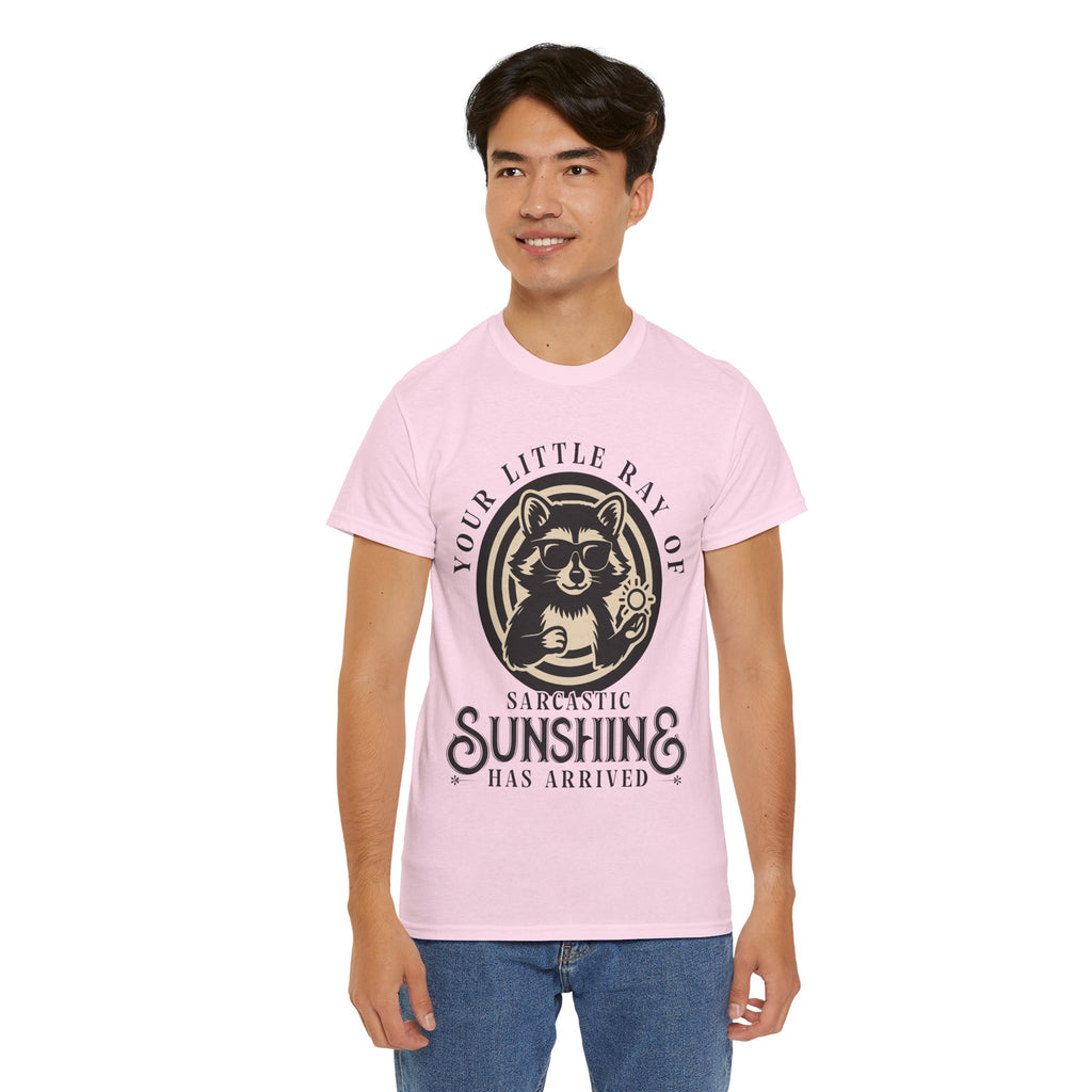 Cool Raccoon Sunglasses T-Shirt — Raccoon Holding Sun Graphic Unisex Cotton Tee
