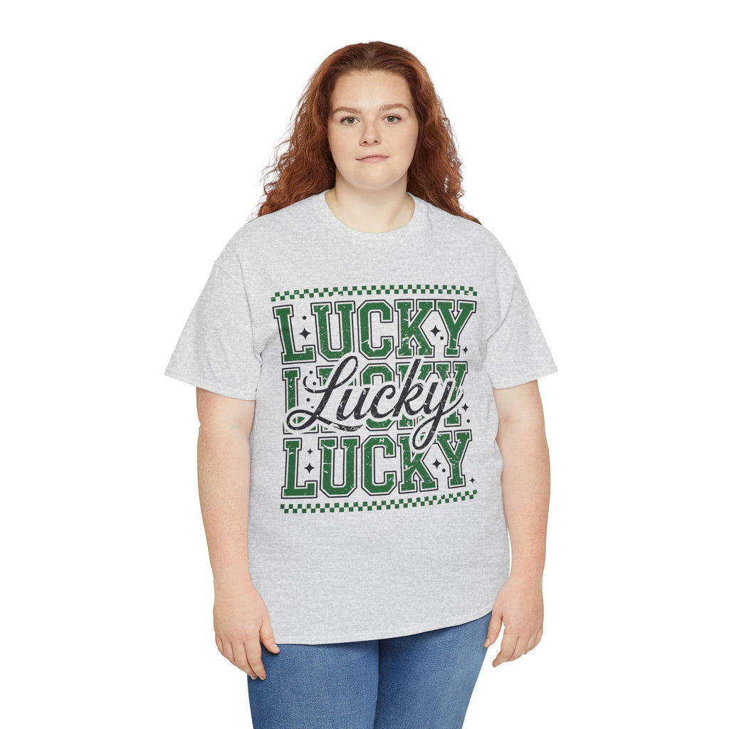 Lucky Varsity Tee — Layered Green ‘Lucky’ Graphic Unisex Cotton Tee
