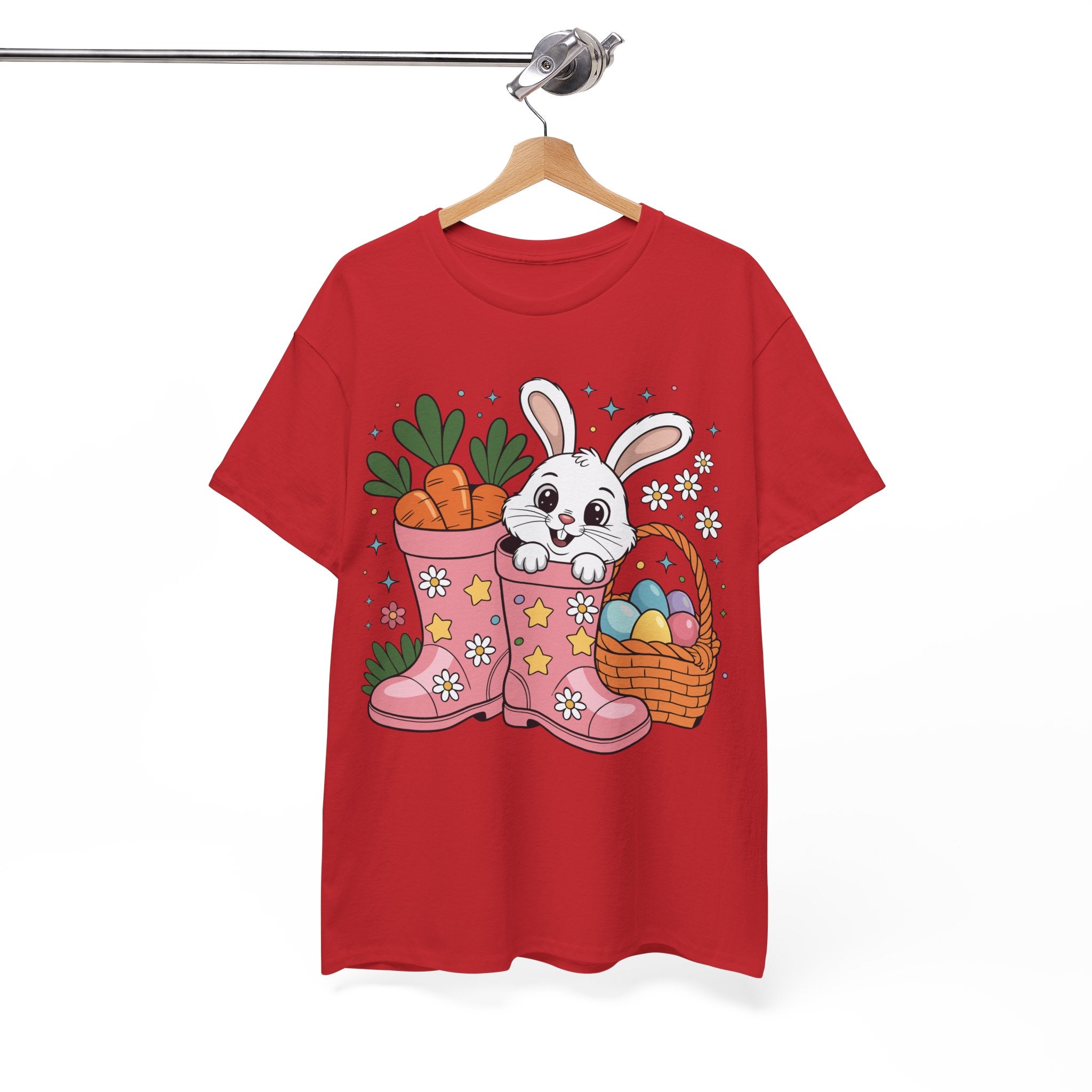 Easter Bunny in Pink Rain Boots T-Shirt — Cartoon Bunny, Carrots & Colorful Eggs Unisex Cotton Tee