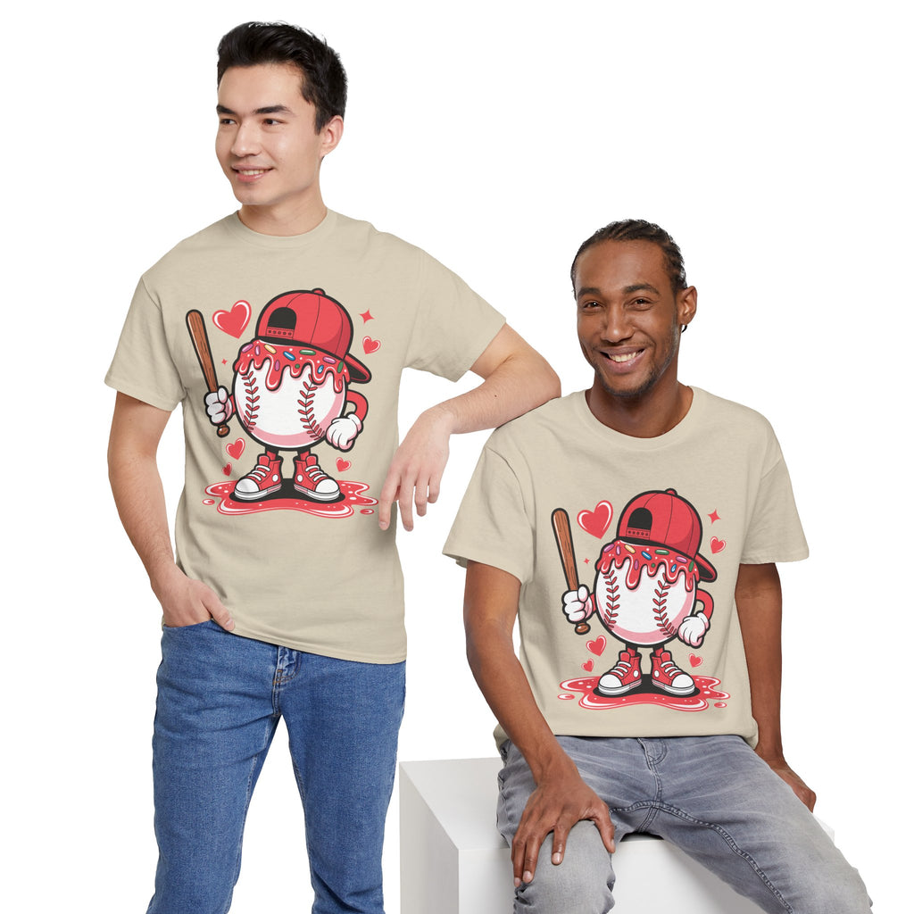 Cute Baseball Character T-Shirt — Red Cap & Icing Top Graphic with Hearts Unisex Cotton Tee