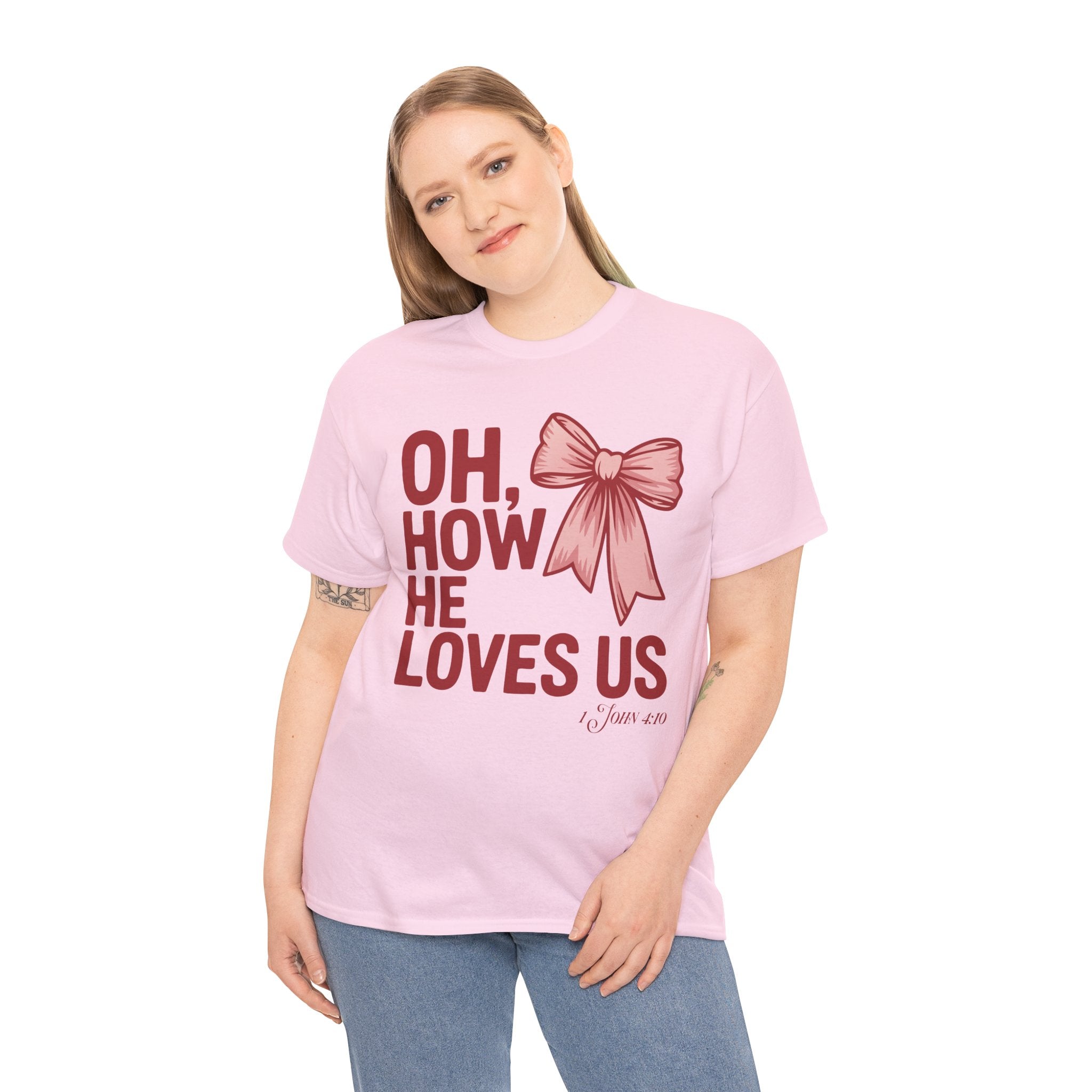 Oh, How He Loves Us Christian Valentine Tee — 1 John 4:10 Red & Pink Unisex Cotton Tee