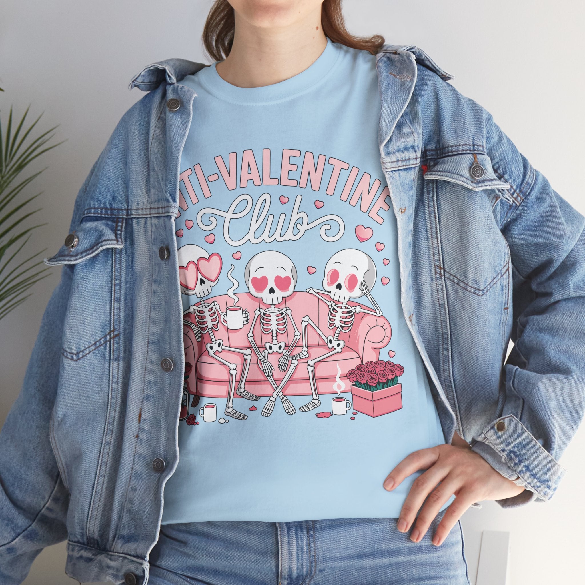 Anti-Valentine Club Skeleton Tee — Anti-Romance Pink Couch Graphic Unisex Cotton T-Shirt