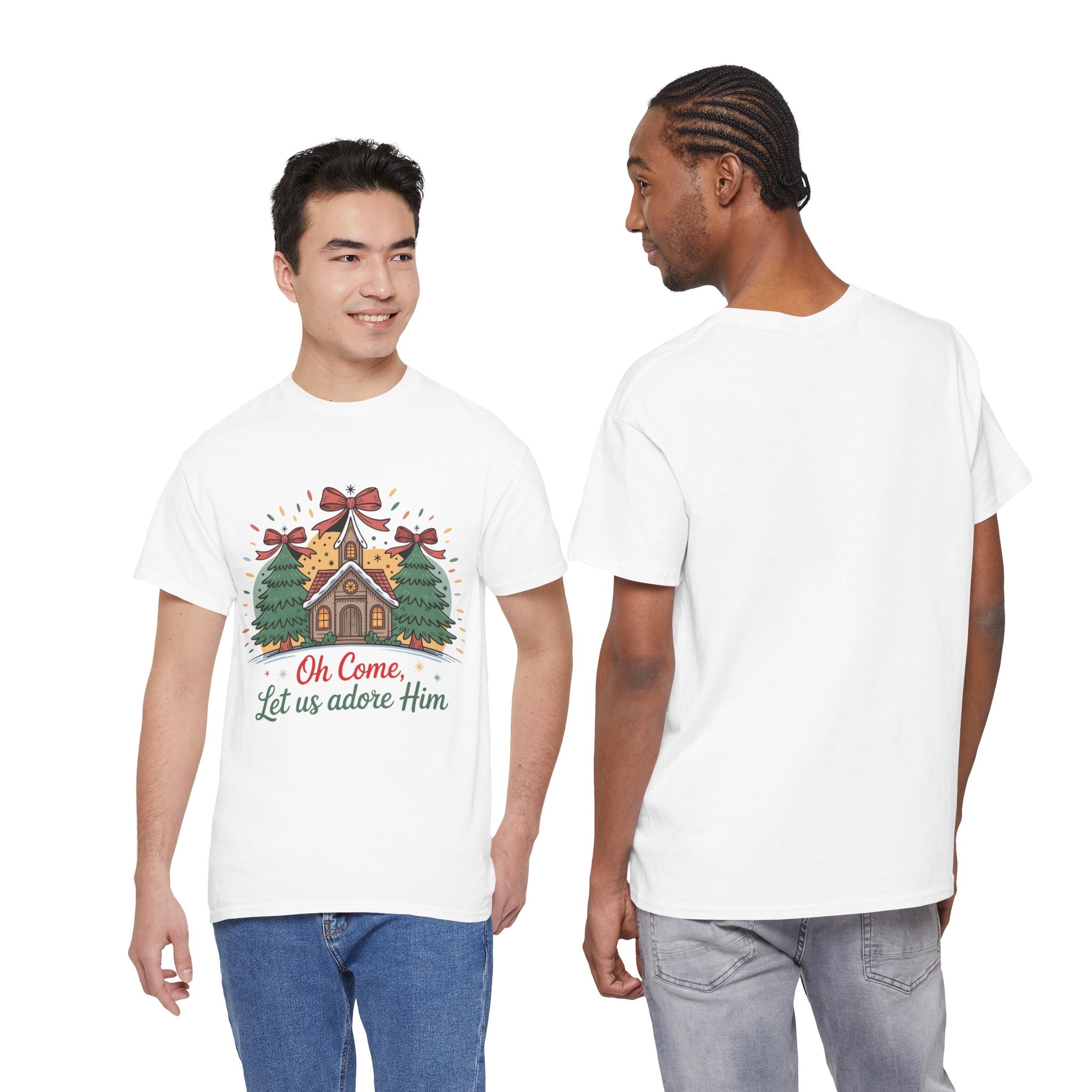 Oh Come Let Us Adore Him Christmas Tee — Church & Trees Holiday Unisex Cotton Tshirt