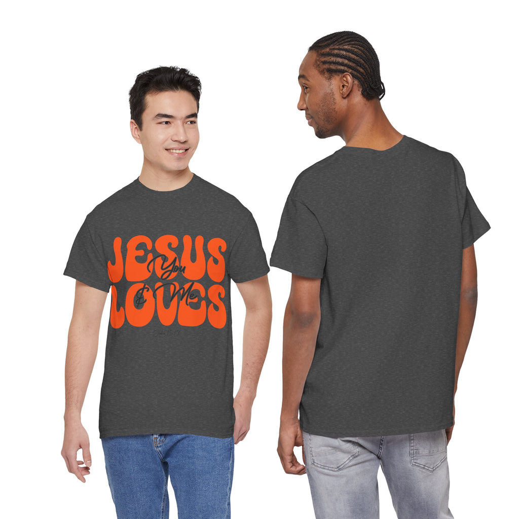 Jesus Loves You & Me Retro Tee — Playful Orange Bubbly Christian Unisex Cotton T-Shirt