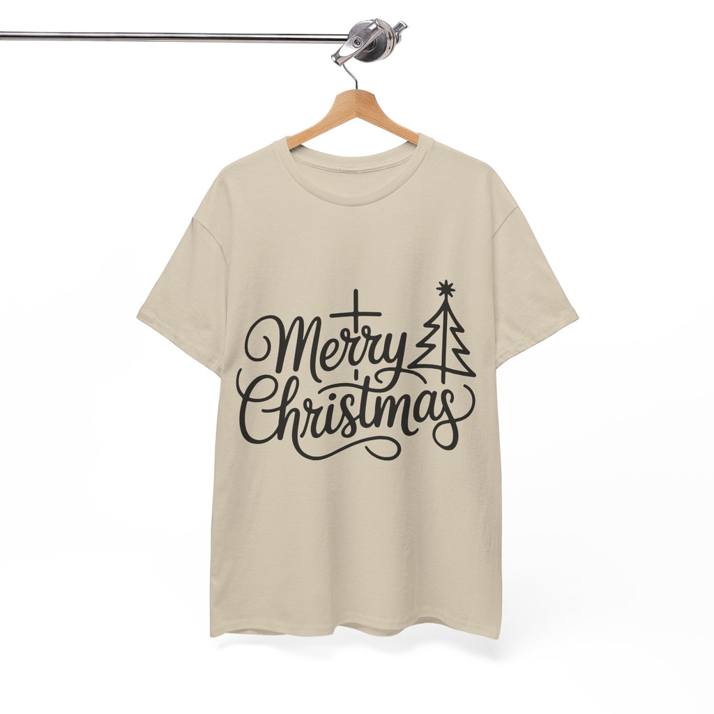 Merry Christmas Script T-Shirt with Cross & Tree(Unisex Cotton Tee)
