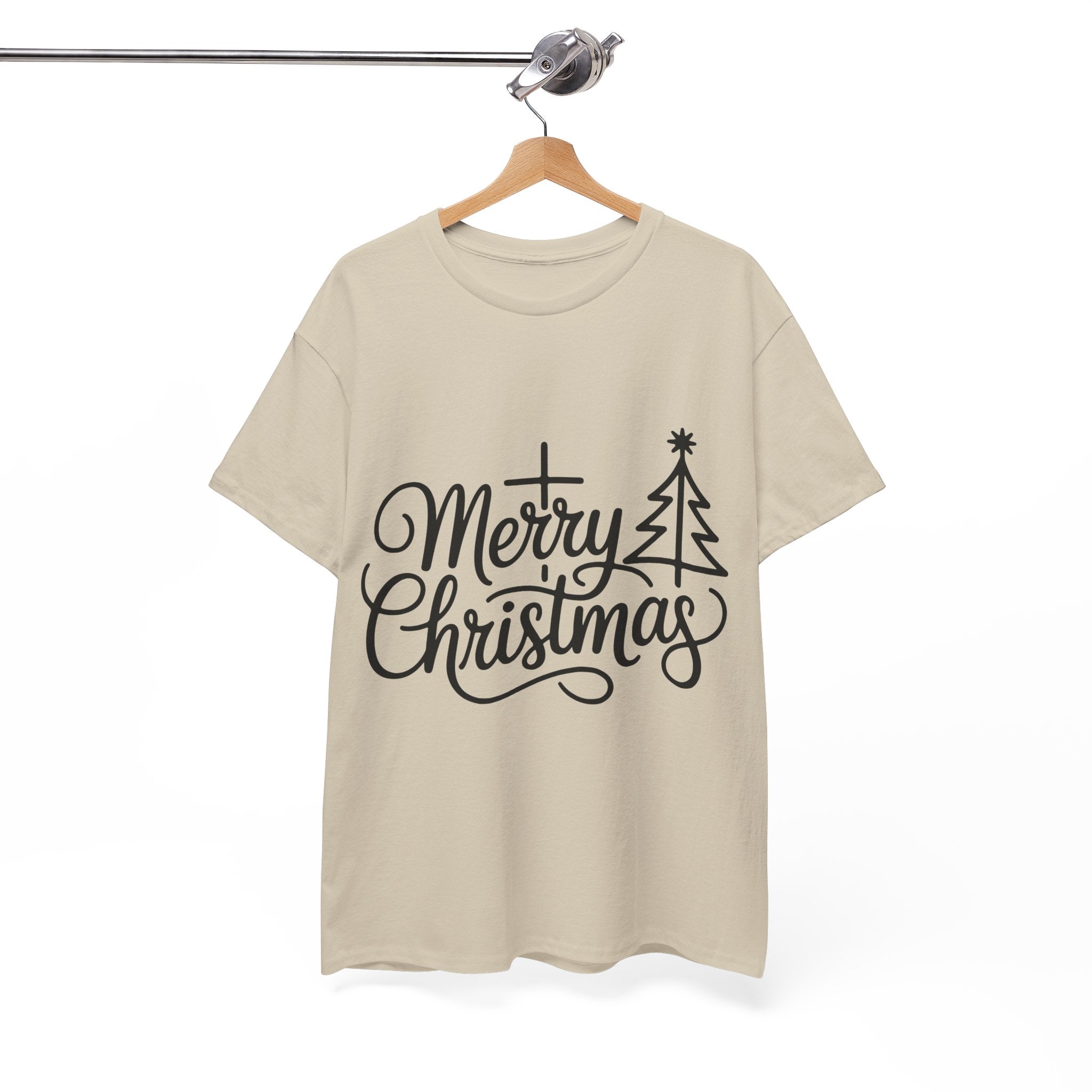 Merry Christmas Script T-Shirt with Cross & Tree(Unisex Cotton Tee)