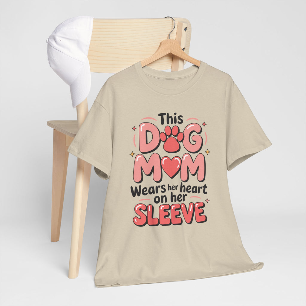 Dog Mom T-Shirt — "This Dog Mom Wears Her Heart on Her Sleeve" Paw & Heart Unisex Cotton Tee