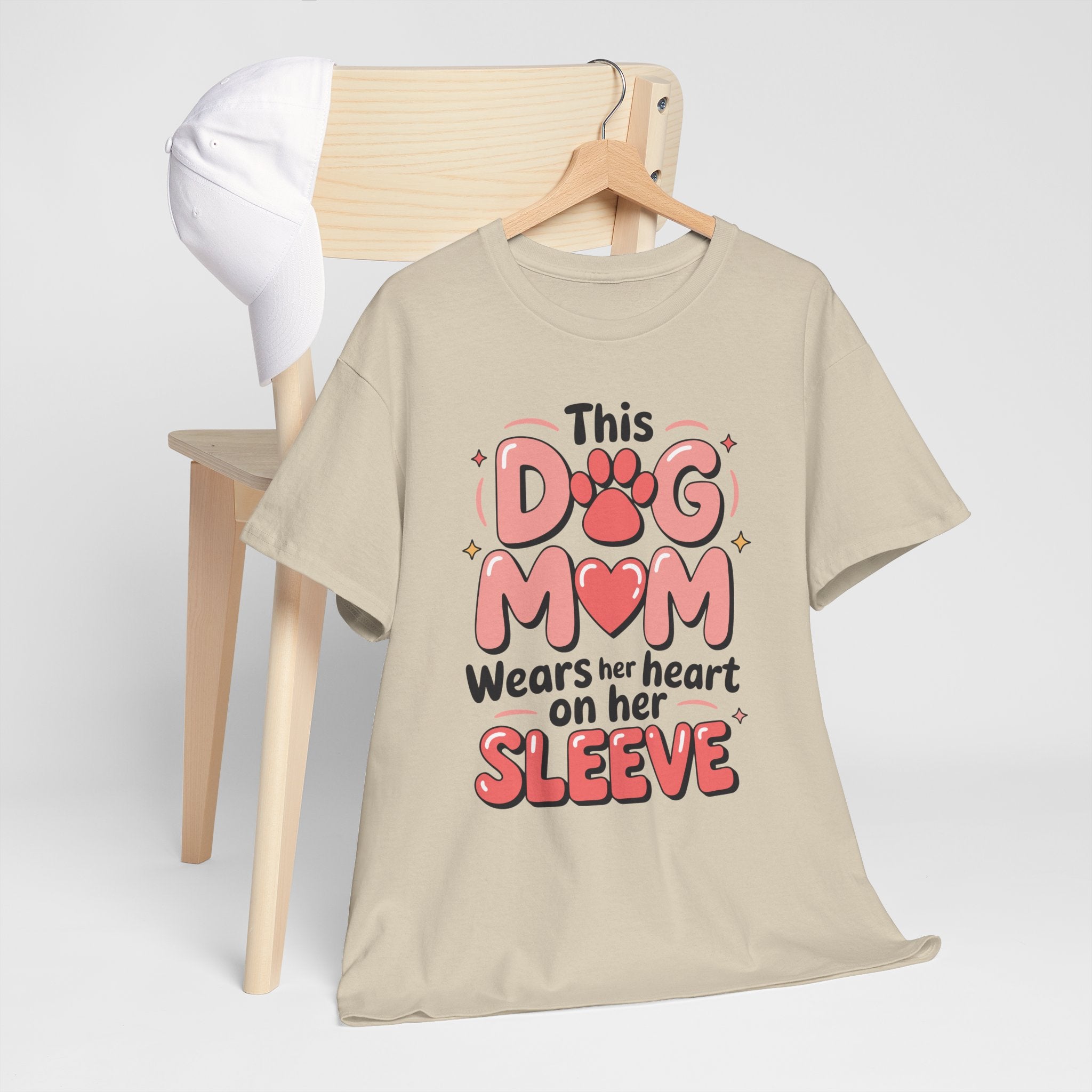 Dog Mom T-Shirt — "This Dog Mom Wears Her Heart on Her Sleeve" Paw & Heart Unisex Cotton Tee