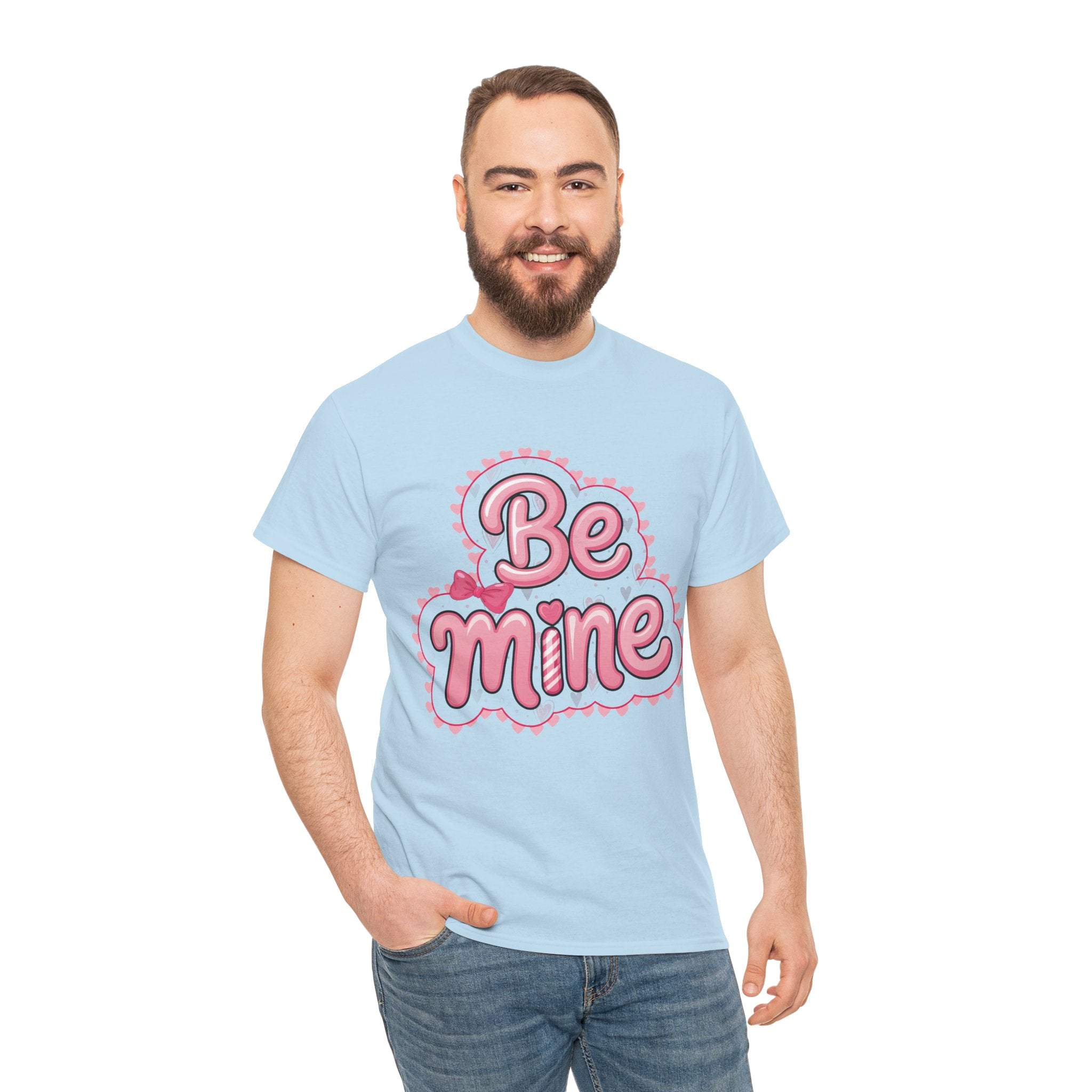 Be Mine Valentine T-Shirt — Pink Bubble Letters with Hearts & Bow..Unisex Cotton Tee