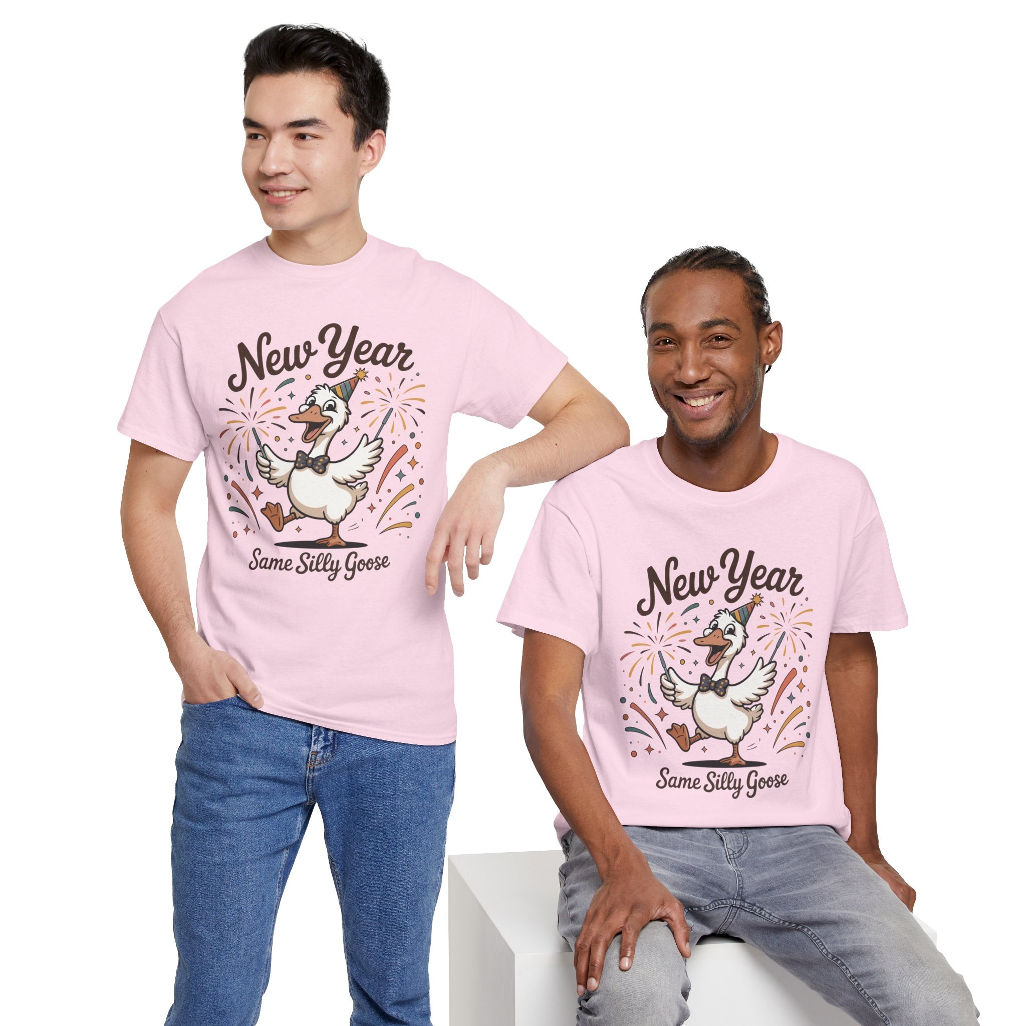 Happy Goose New Year T-Shirt — Party Hat, Fireworks & Confetti Unisex Cotton Tee