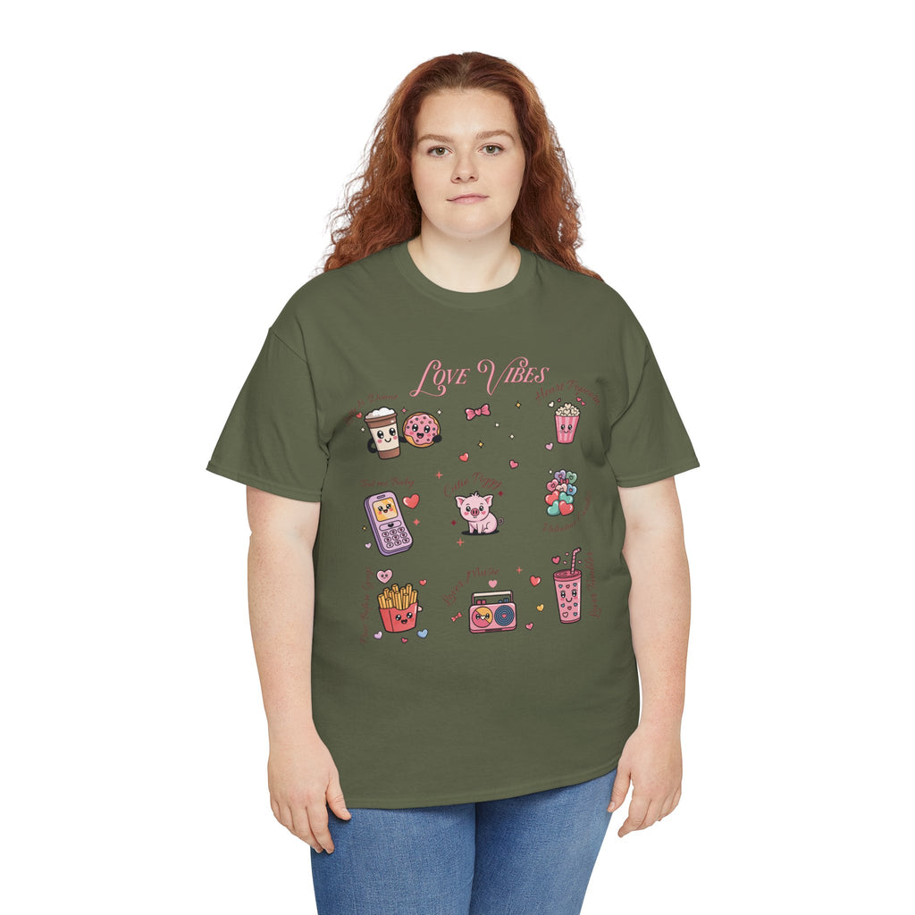 Love Vibes Kawaii Valentine T-Shirt — Cute Donut, Coffee & Piglet Design Unisex Cotton Tee