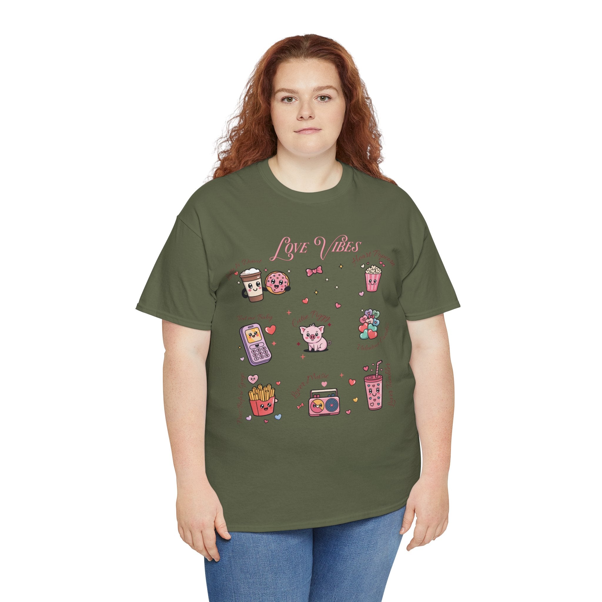 Love Vibes Kawaii Valentine T-Shirt — Cute Donut, Coffee & Piglet Design Unisex Cotton Tee