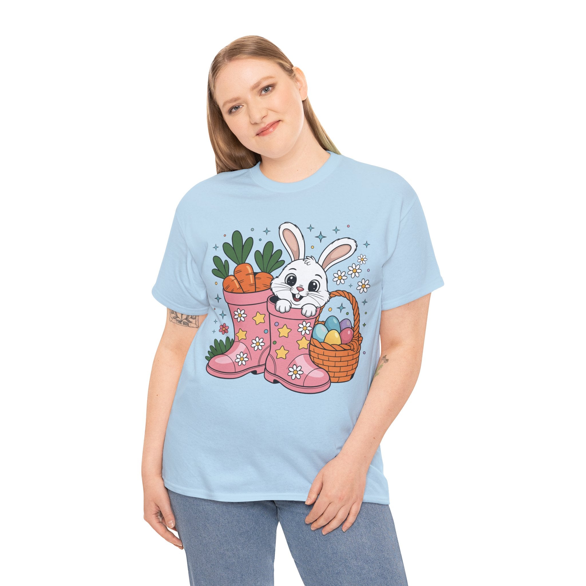 Easter Bunny in Pink Rain Boots T-Shirt — Cartoon Bunny, Carrots & Colorful Eggs Unisex Cotton Tee
