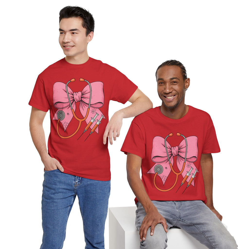 Halloween Nurse T‑Shirt — Pink Nurse Bow with Stethoscope, Syringes & Spider Webs..Unisex Cotton Tee