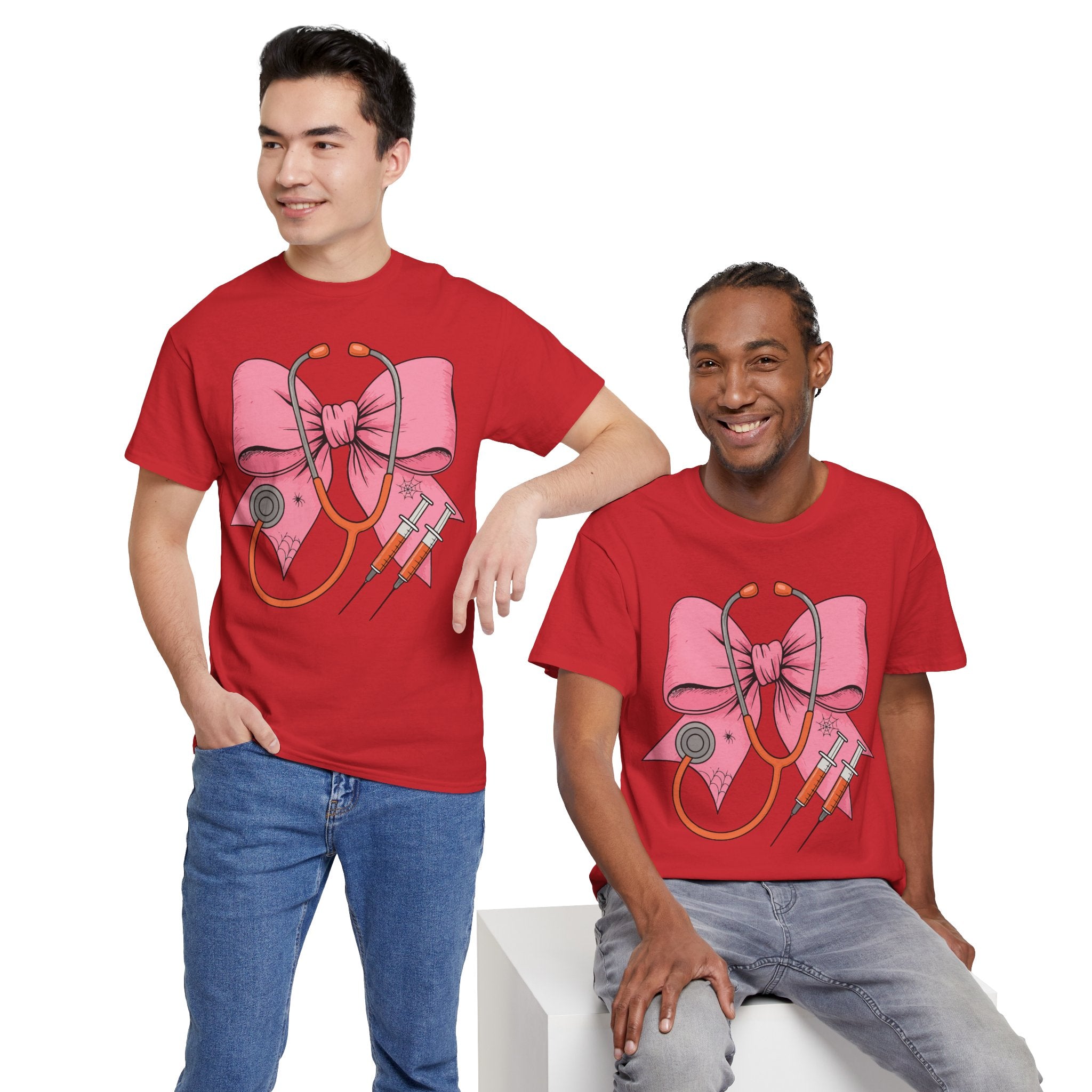 Halloween Nurse T‑Shirt — Pink Nurse Bow with Stethoscope, Syringes & Spider Webs..Unisex Cotton Tee