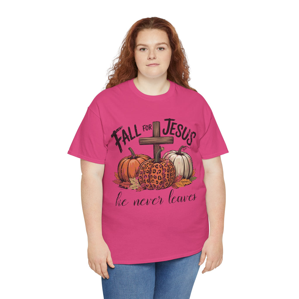 Fall for Jesus Pumpkin Cross Tee — "He Never Leaves" Autumn Christian Unisex Cotton T-Shirt