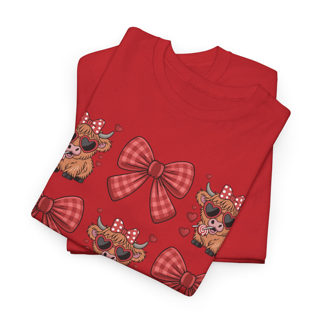 Valentine Cow Checkered Tee — Fluffy Cows with Heart Sunglasses & Red Bows..Unisex Cotton Tee