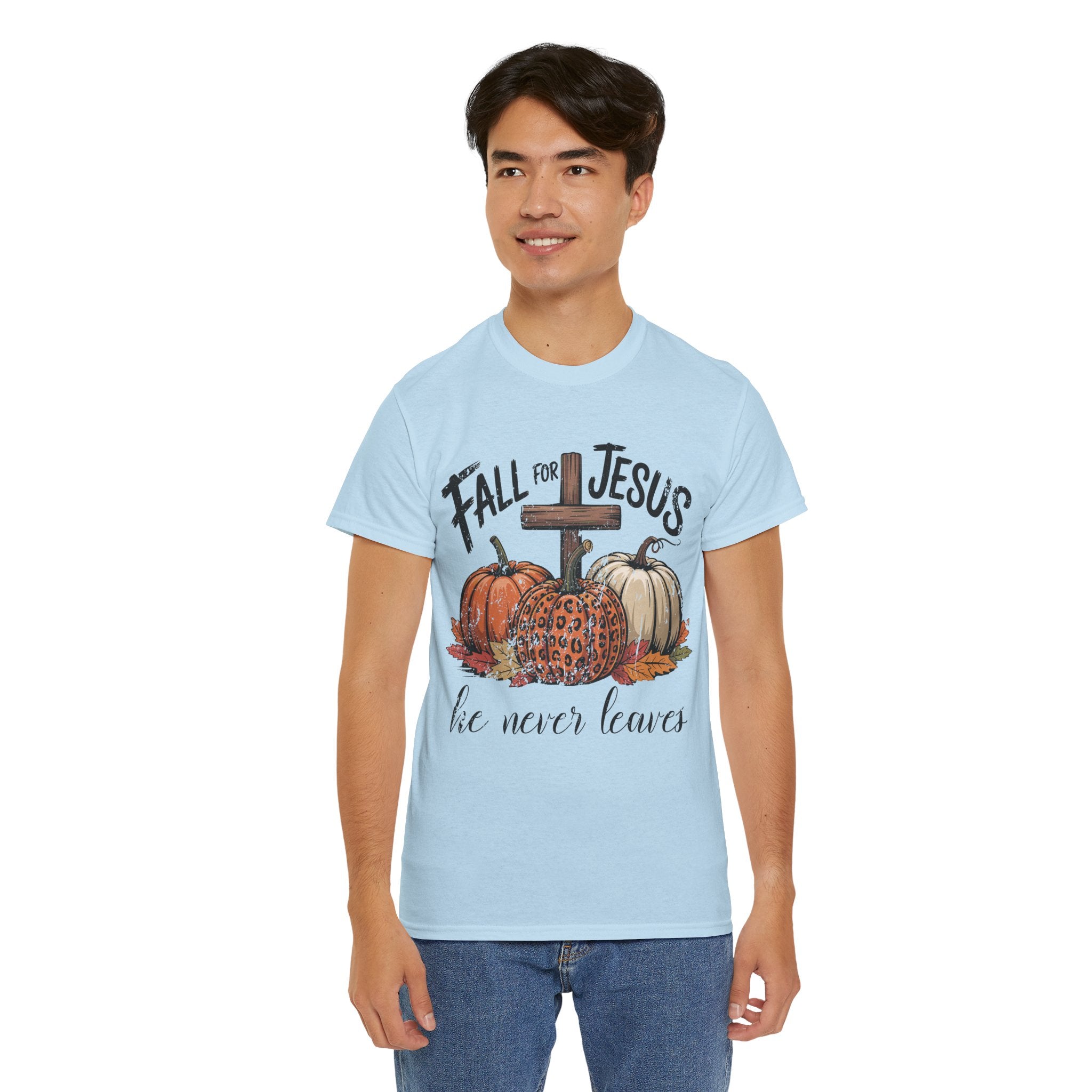 Fall for Jesus Pumpkin Cross Tee — "He Never Leaves" Autumn Christian Unisex Cotton T-Shirt
