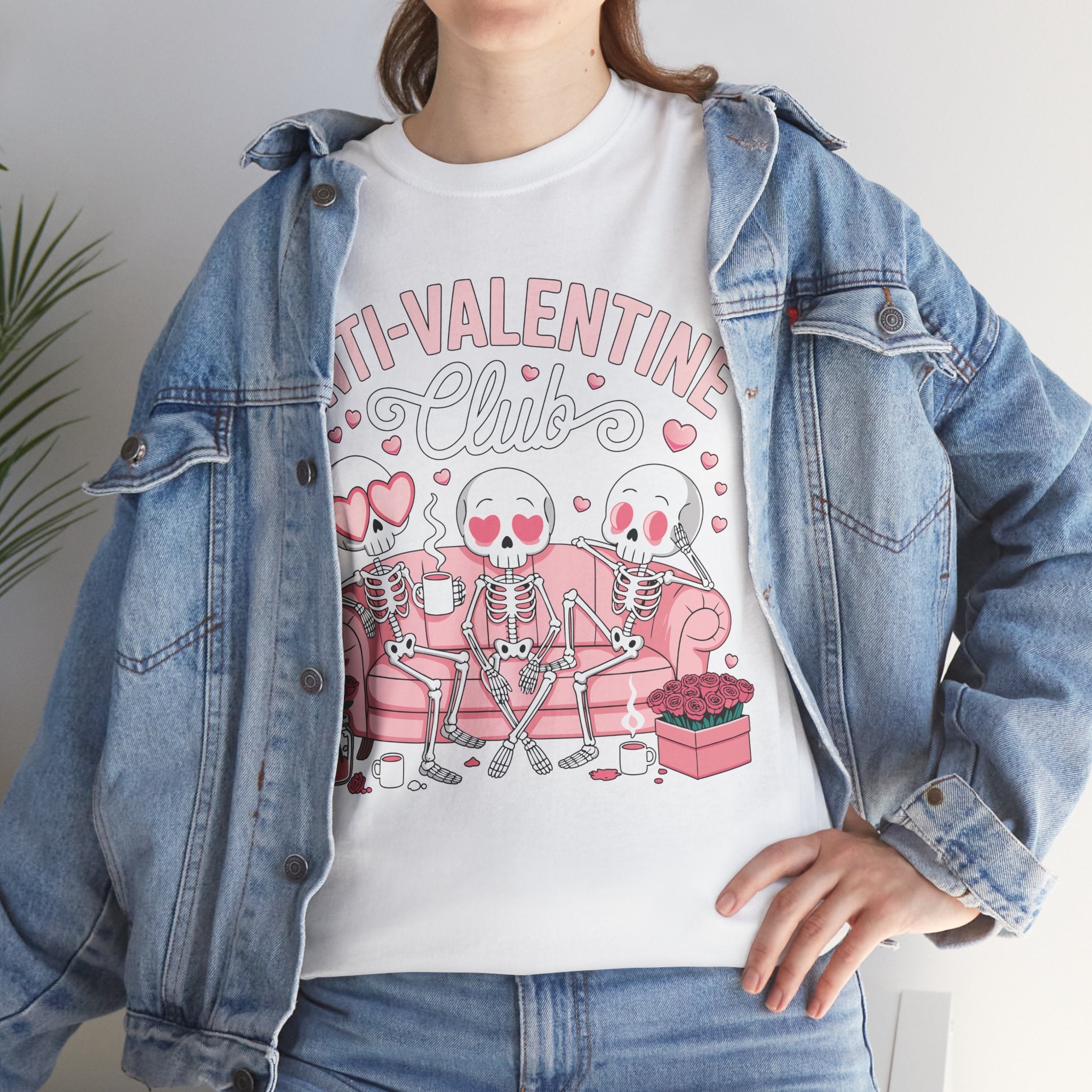 Anti-Valentine Club Skeleton Tee — Anti-Romance Pink Couch Graphic Unisex Cotton T-Shirt
