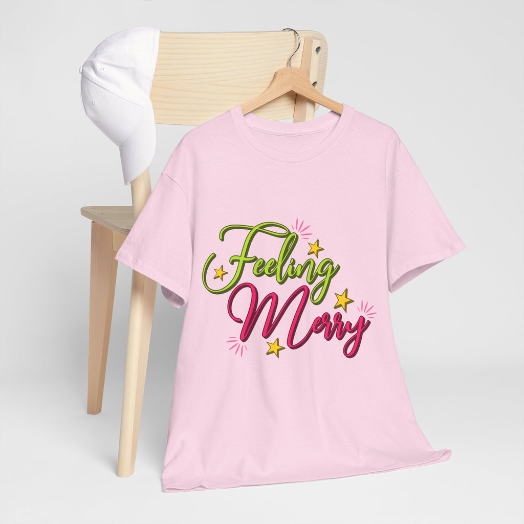 Feeling Merry T-Shirt — Bright Green & Pink Holiday Tee with Stars.Unisex Cotton Tee