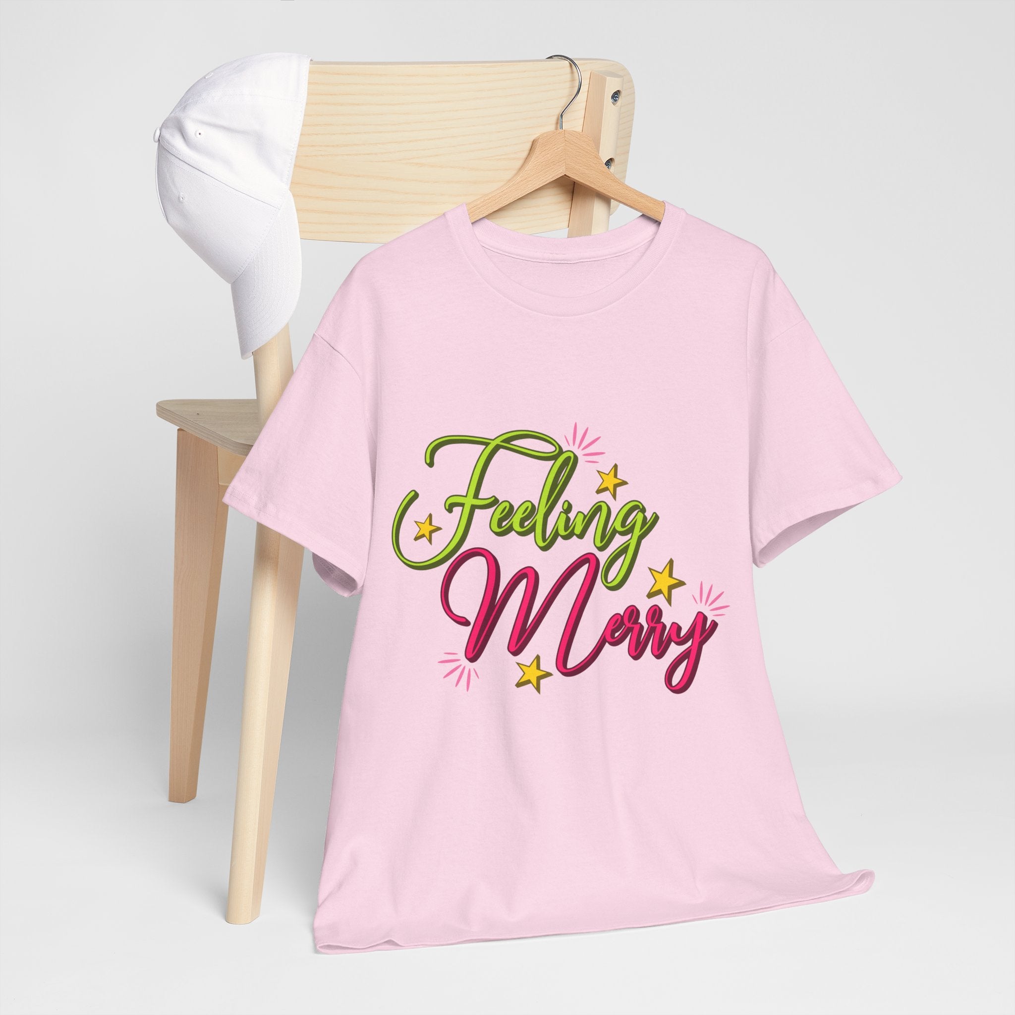 Feeling Merry T-Shirt — Bright Green & Pink Holiday Tee with Stars.Unisex Cotton Tee