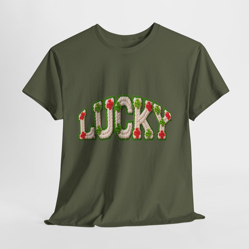 Lucky Crochet Clover T-Shirt — Faux-Yarn Embroidered St. Patrick’s Unisex Cotton Tee