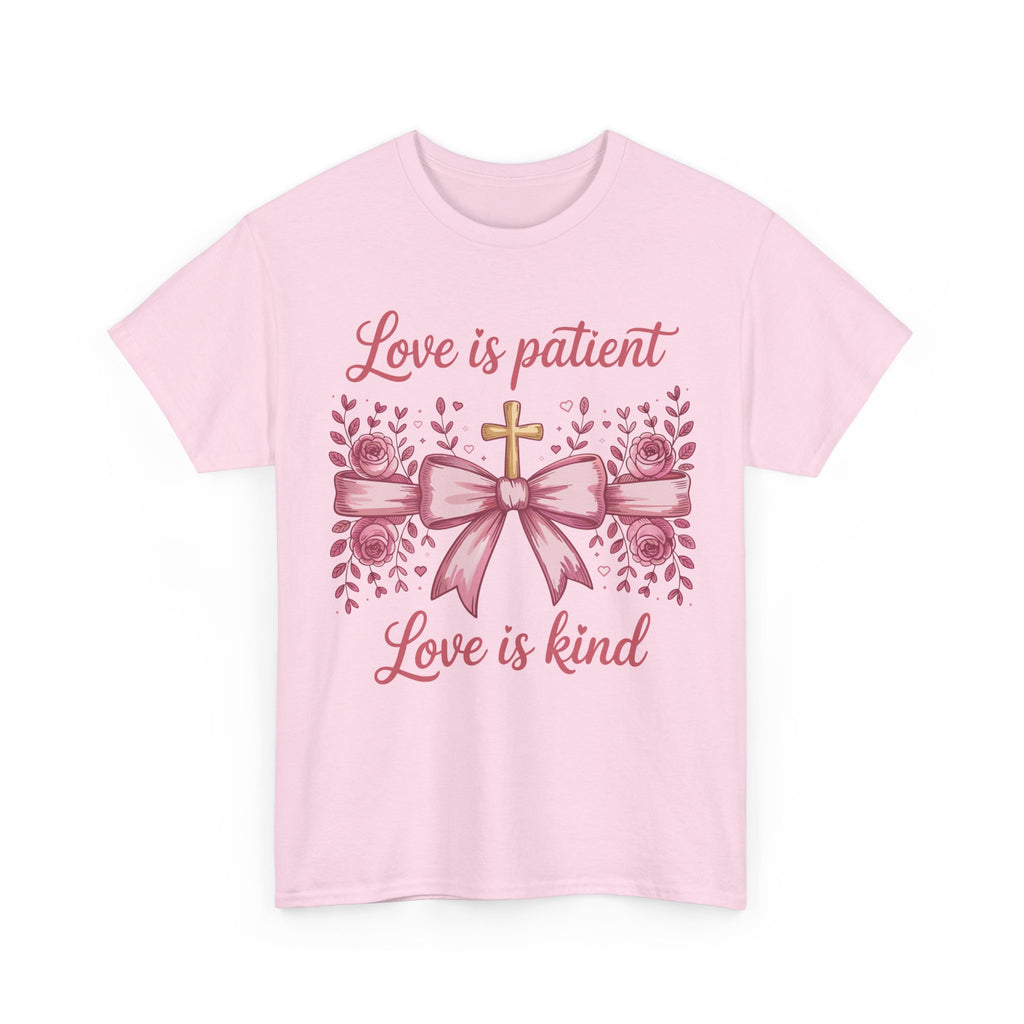Christian Floral Tee — "Love is Patient, Love is Kind" Pink Rose Cross. Unisex Cotton Tee