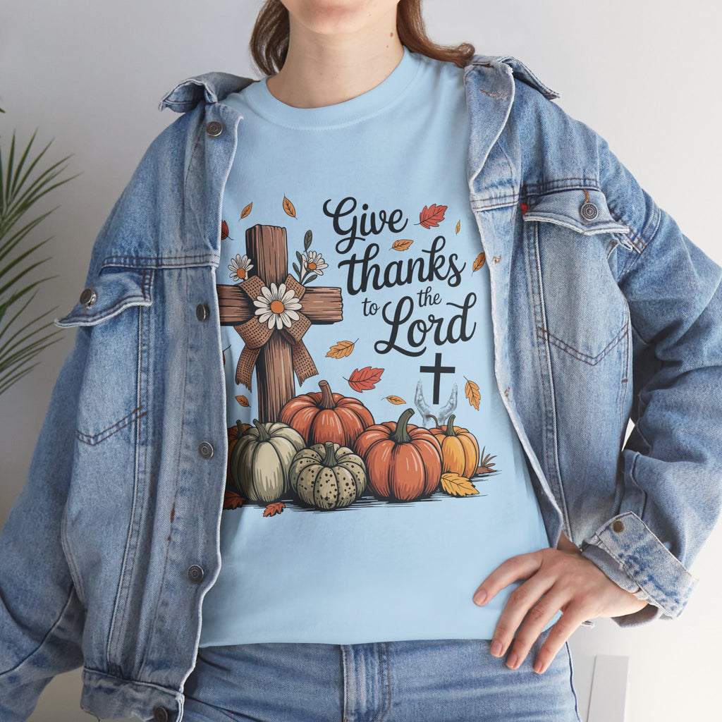 Give Thanks to the Lord Autumn Tee — Wooden Cross, Pumpkins & Daisies..Unisex Cotton Tee