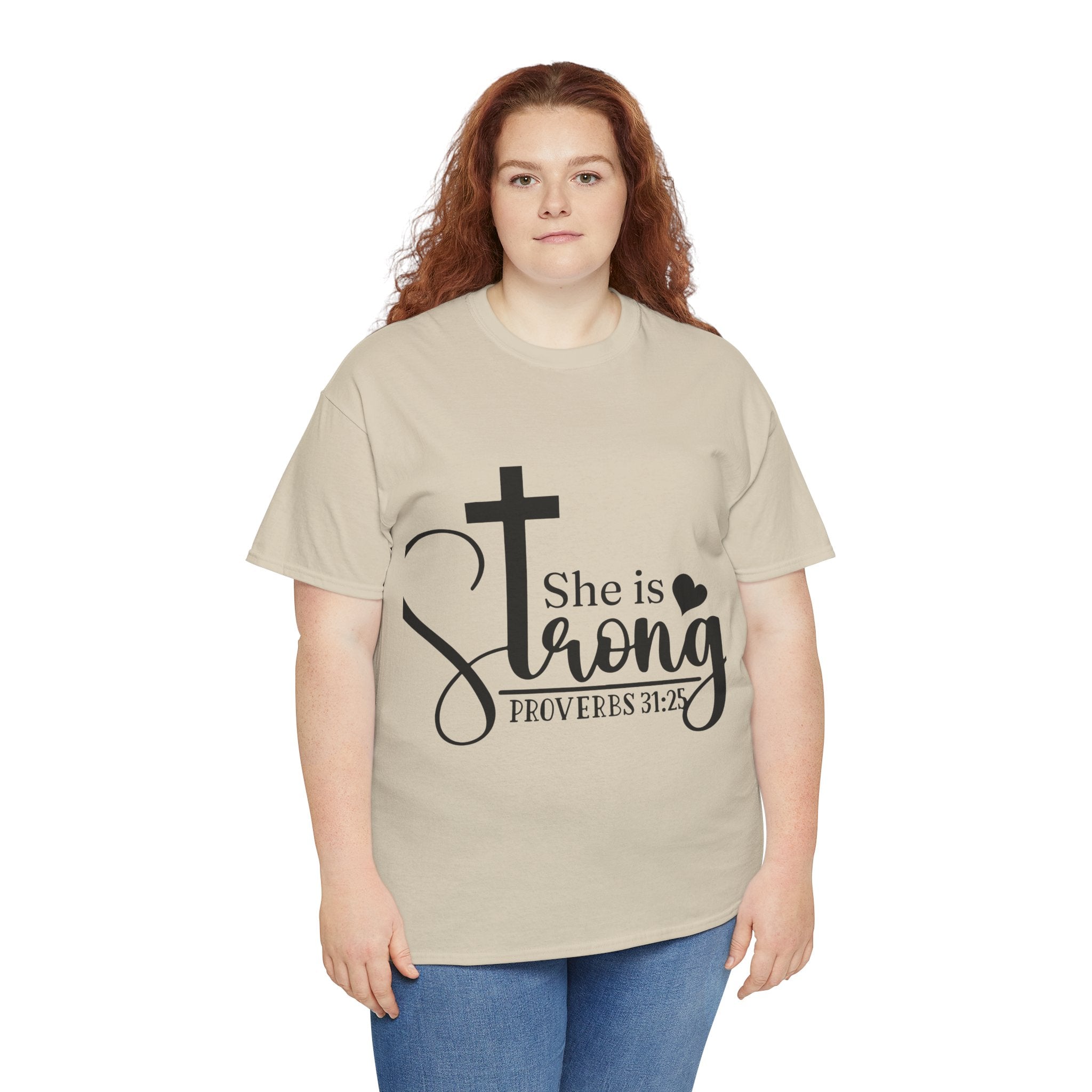 Proverbs 31:25 'She is Strong' T-Shirt – Christian Cross & Heart Unisex Cotton Tee